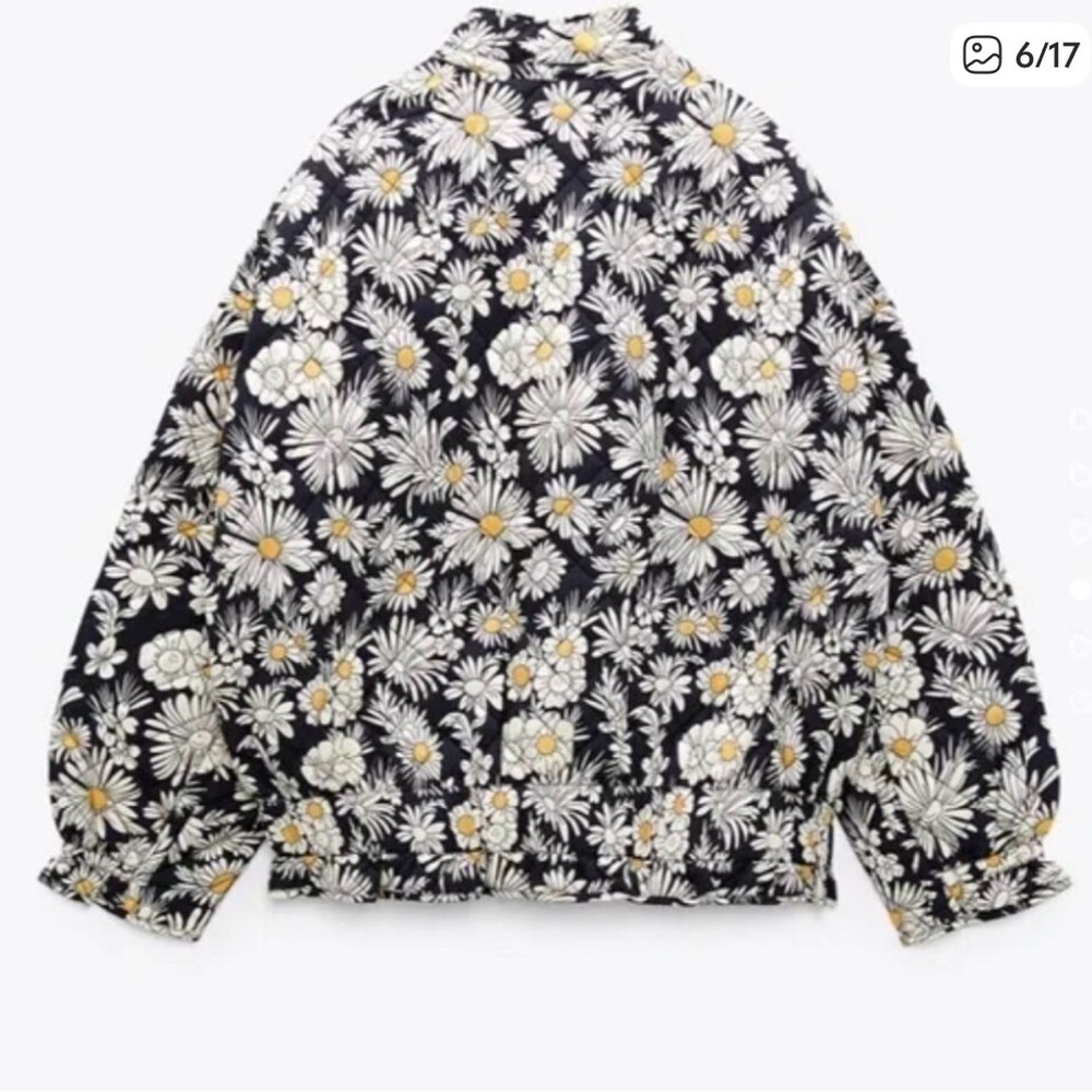 Zara Black Floral Daisy Bomber Jacket with White and Yellow Accents